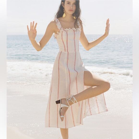 Reformation Dresses & Skirts - Reformation Lavender Midi Dress Sleeveless Red Stripe 100% Linen Size 4
